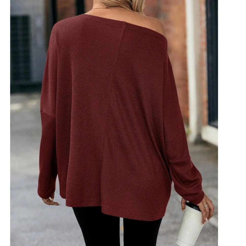 Solid Off Shoulder Loose Fit Waffle Long Sleeve Top - Picture 14 of 16